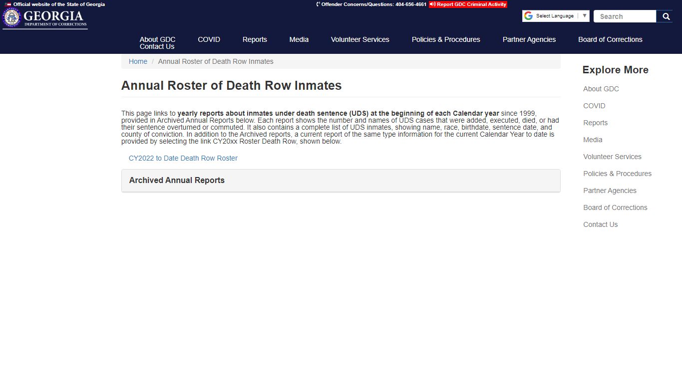 Annual Roster of Death Row Inmates | GDC - Georgia